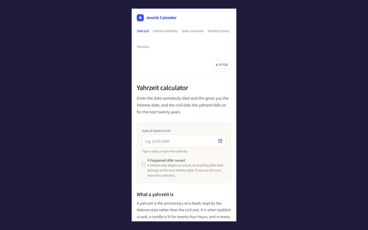 Yahrzeit calculator on a phone